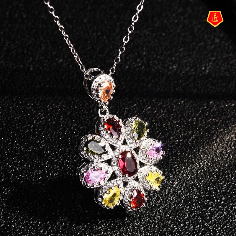 [Ready Stock]Luxury Colorful Tourmaline Pendant Micro-Inlaid Full Diamond Necklace Elegant