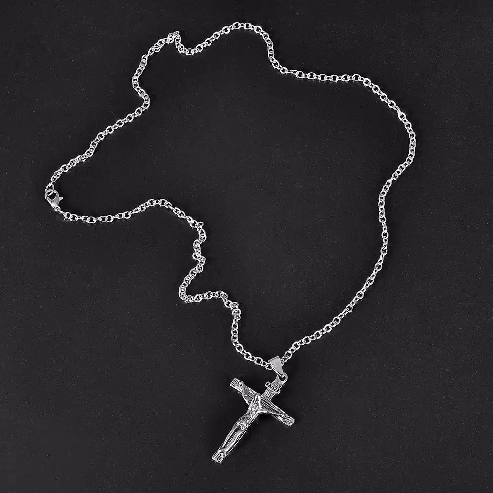 Kalung Liontin Salib Yesus Bahan Stainless Steel untuk Pria