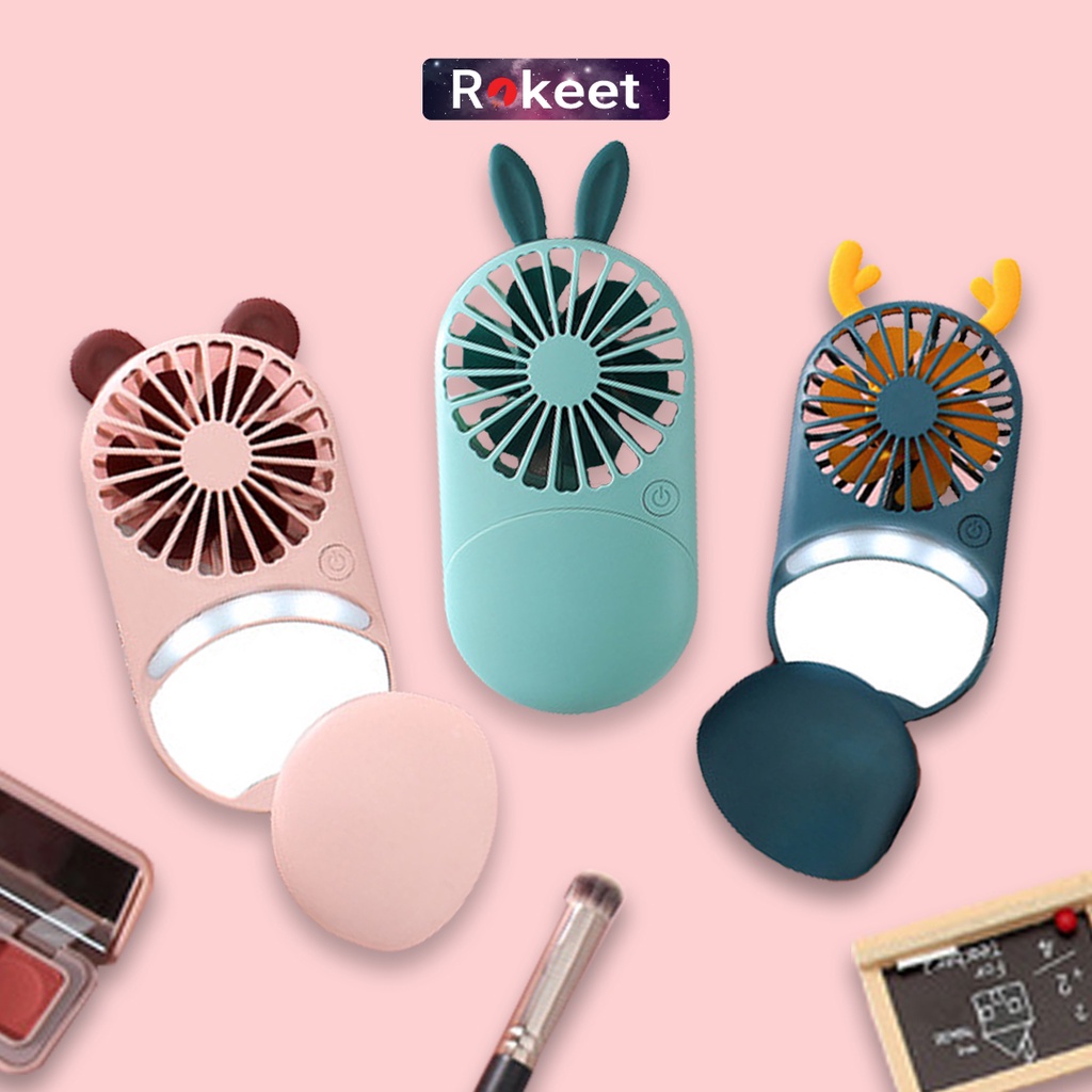 jjShop- Rokeet Kipas Cermin LED 3in1 Mini Fan Karakter Portabel Cermin Angin Multifungsi