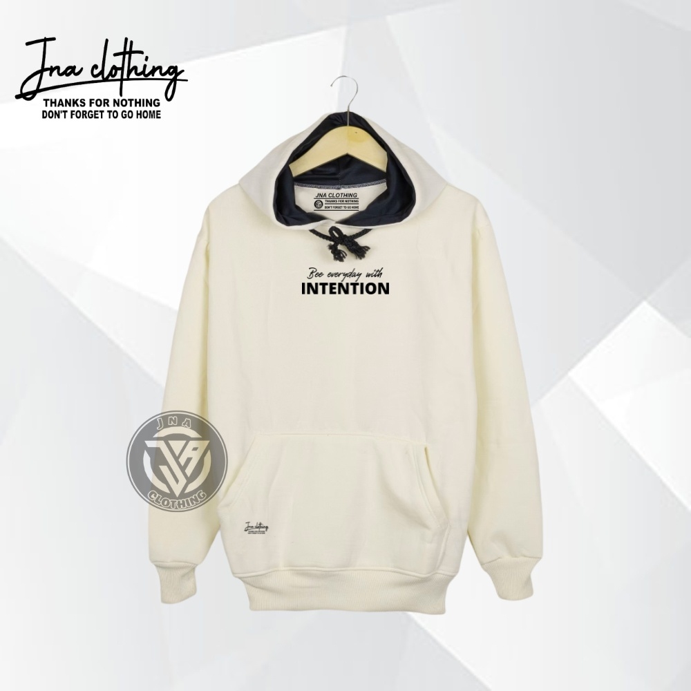 Hodie Laki Hight Quality Local Brand JNA Clothing Warna Cream Sablon Intention Sweater Original Premium Distro Gaya Style