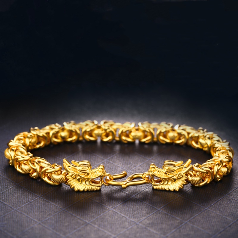 Perhiasan Berkualitas Tinggi Gelang Naga Kepala Ganda Berlapis Emas 24K Fashion Pria