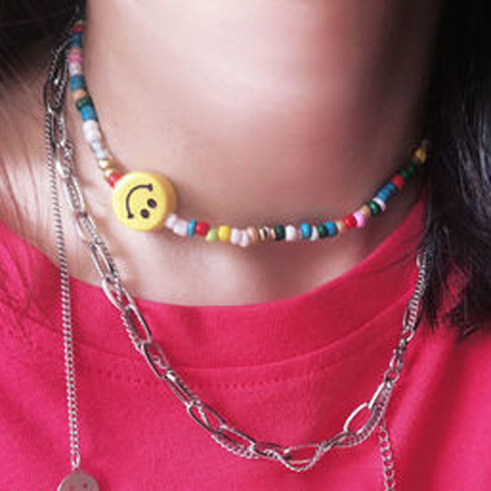 Needway  Korean Smile Face Necklace Fashion Smile Face Beads Colorful Beads Choker Cute Rainbow Color Creative Summer Gifts Irregular Rice Beads Necklace Jewelry