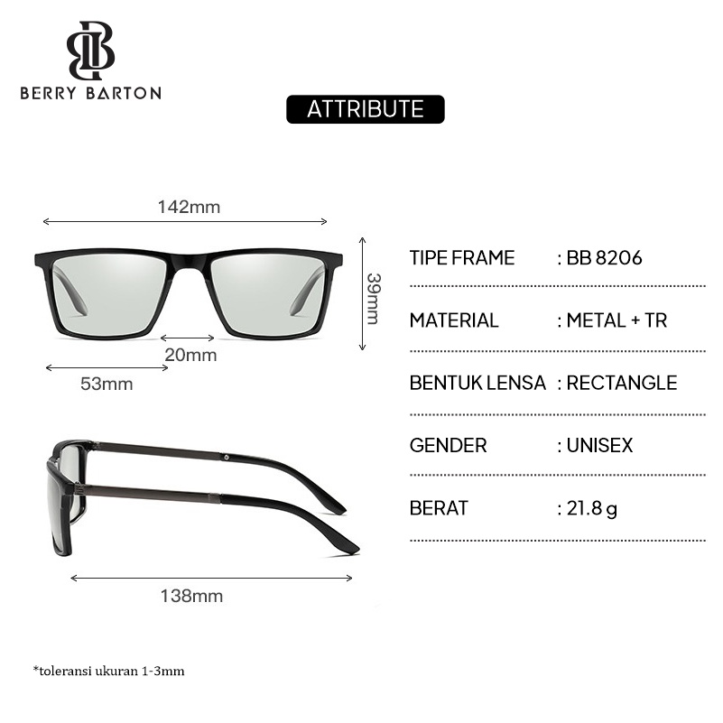 Berrybarton - Kacamata Pria Kotak Polarized Mengemudi Sunglasses 8206