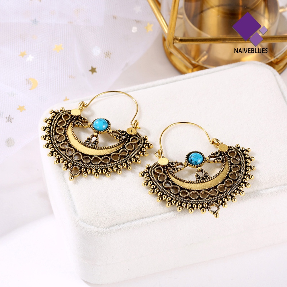 Anting Menjuntai Desain Hollow Aksen Turquoise Buatan Gaya Etnik Untuk Wanita