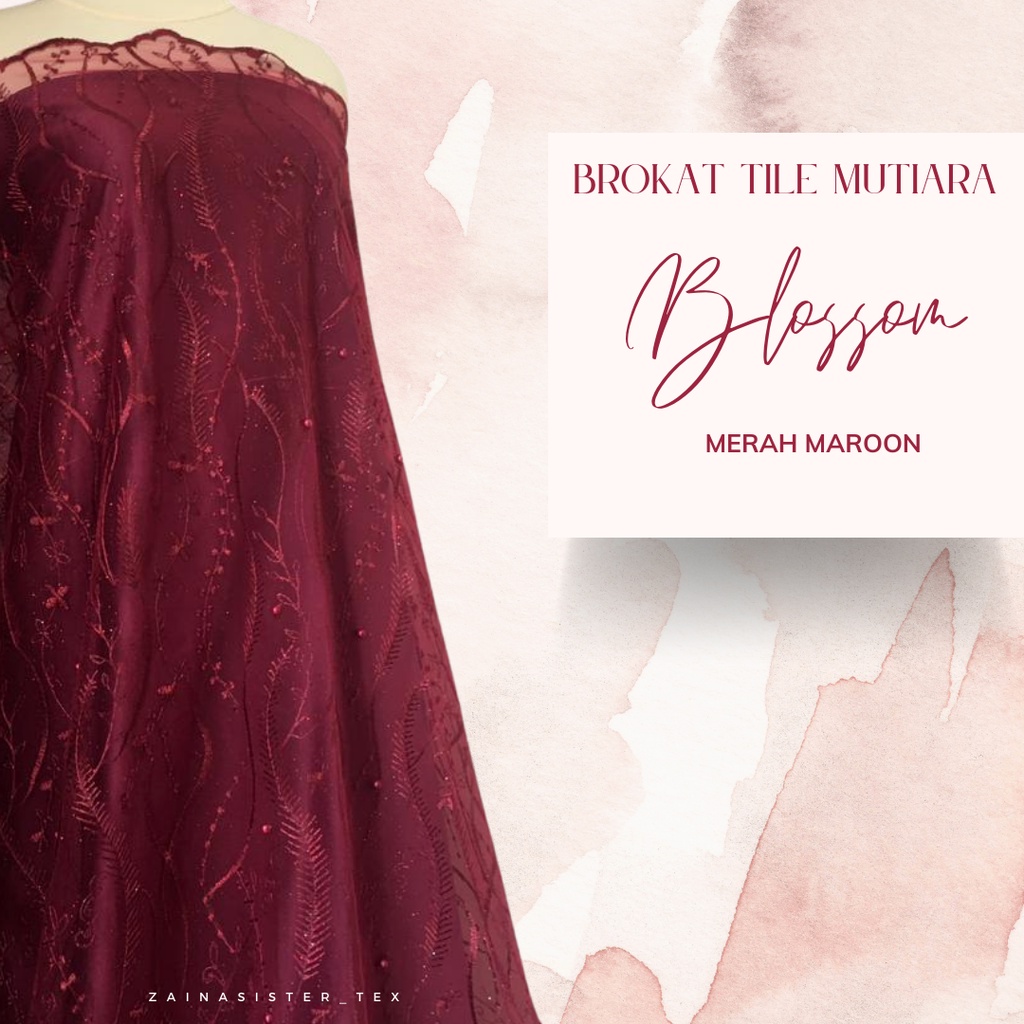 Kain Bahan Kebaya Brukat Brokat Tile Mutiara Modern Blossom Warna Merah Maroon