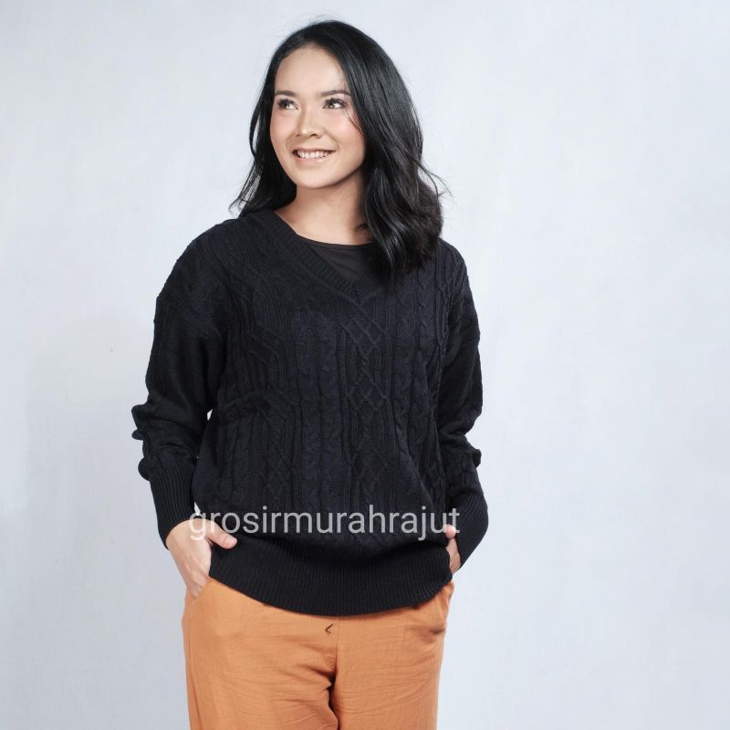 GS054 Sweater rajut V-neck cable premium Novya