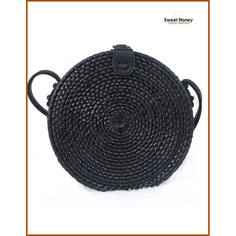 Sweet Honey ~ Grosir Tas Rotan Murah Bulat Bali Warna Hitam Bali Rattan Bag Black Color [Bisa COD]