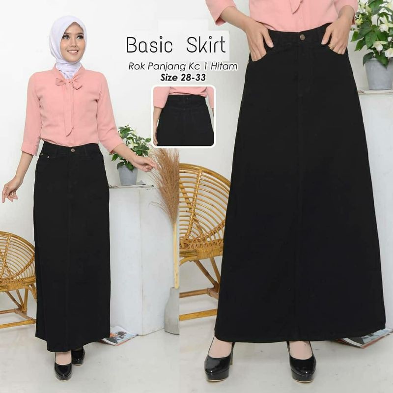 rok jeans hitam panjang basic / rok basic a line / Rok A jeans panjang / rok hitam span jeans