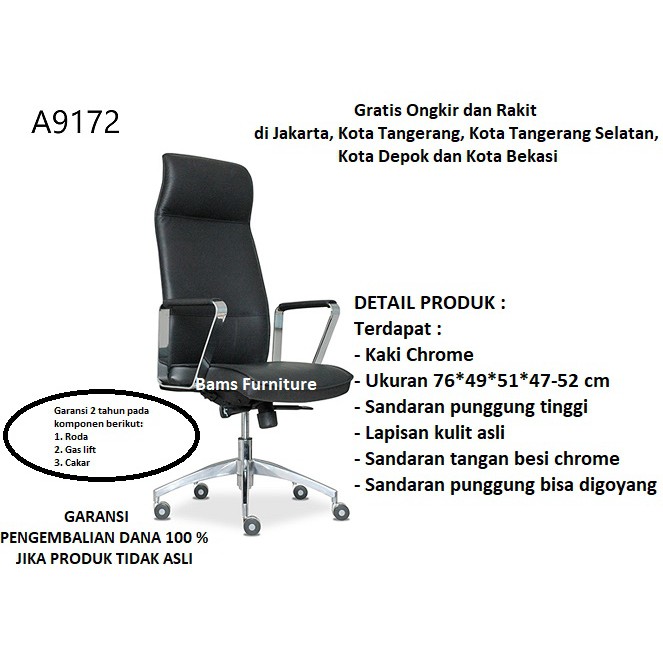 kursi direktur hidrolik kulit asli garansi 2 tahun highpoint tipe A 9172 dijamin asli by bams furnit