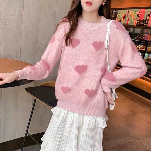 Sweater wanita motif heart sweater import musim dingin /winter pullover