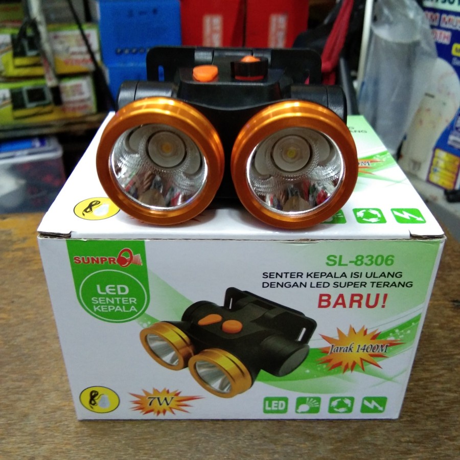 senter kepala led sunpro SL-8306 cahaya super terang, putih-kuning