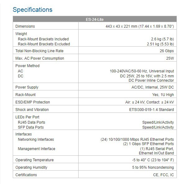 Ubiquiti ES-24-LITE Edge Switch Managed 24Port Gigabit Lite