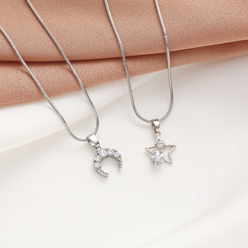 XiaoboACC Kalung Rantai Clavicle Stainless Steel Anti Alergi Hias Zircon Bintang Bulan - 50CM