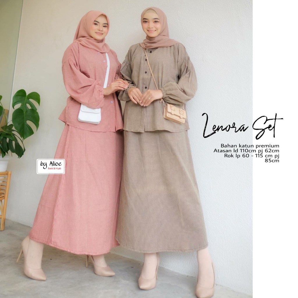 One Set Rok Wanita Muslim Kekinian Lenora Set Jumbo Katun Premium Motif Kotak Kotak LD 110