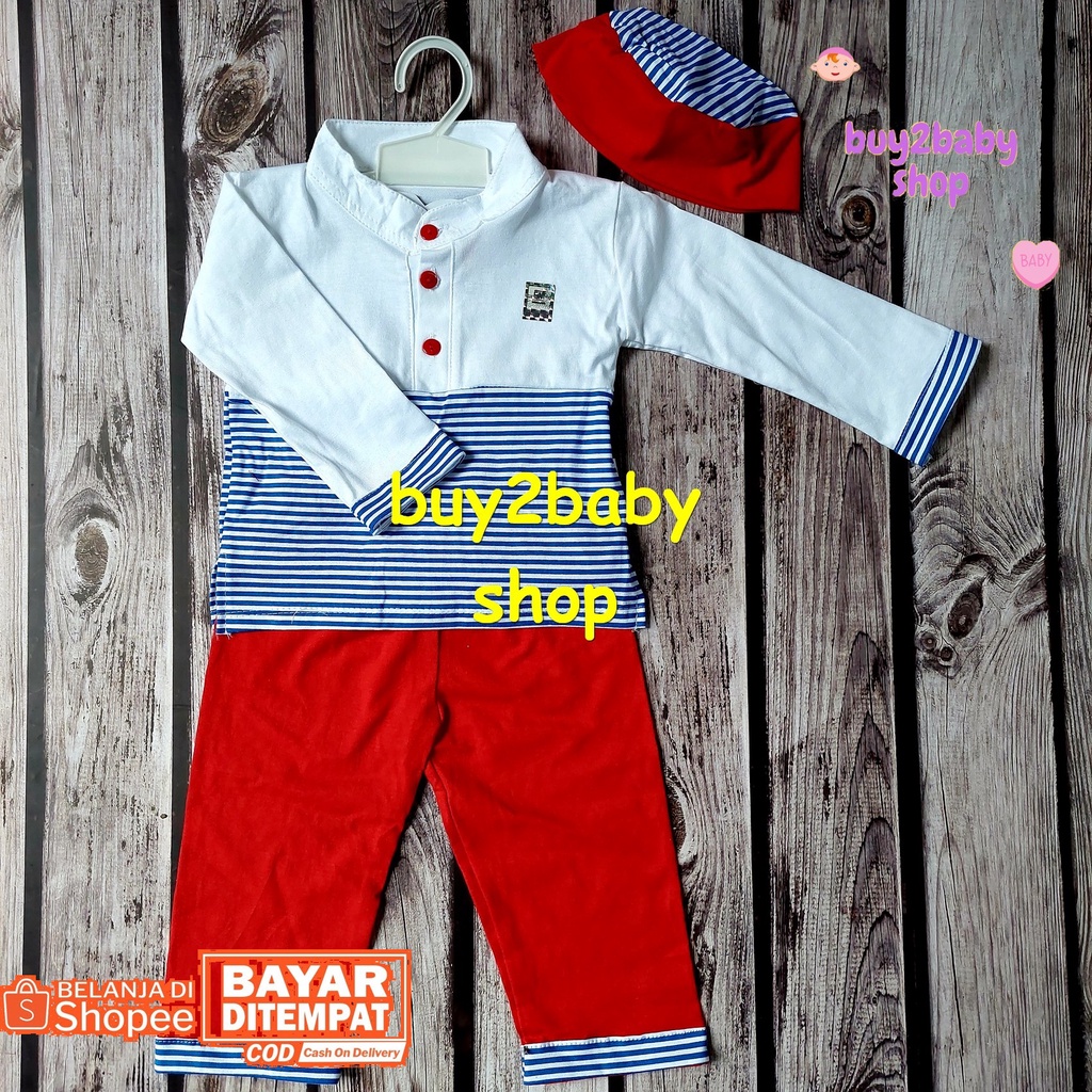 Baju lebaran bayi set baju koko plus peci motif salur warna Vinata 6-12 Bulan 1 set