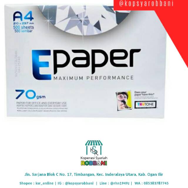 

Kertas A4 70 GSM E Paper 1 rim/ 500 lembar