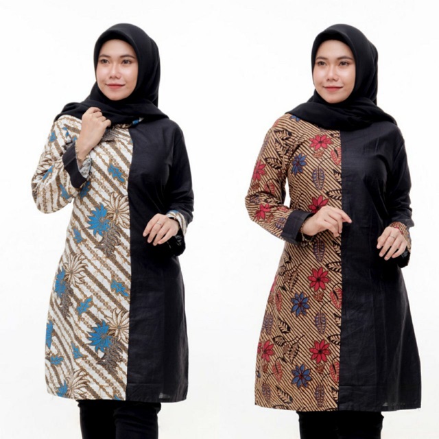 BAJU TUNIK BATIK  WANITA HITAM KOMBINASI TUNIC TERBARU  2022 