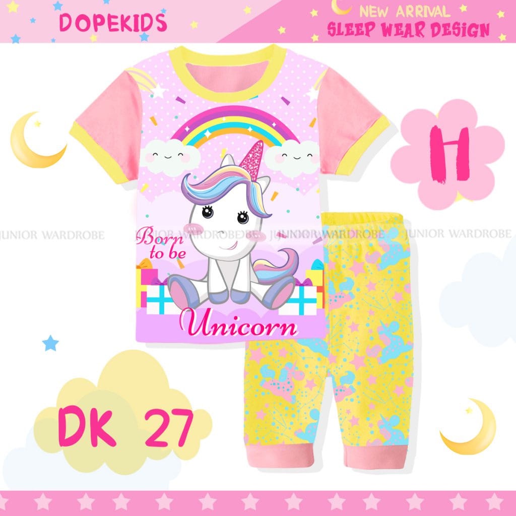Baju Setelan Unicorn Lengan Pendek Anak Perempuan Impor ukuran 1-8tahun