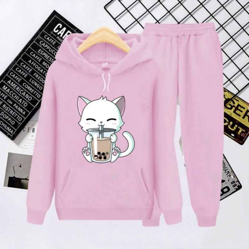 setelan sweater hoodie kitten Boba/setelan hoodie anak kekinian Boba cat/umur 3-16 tahun