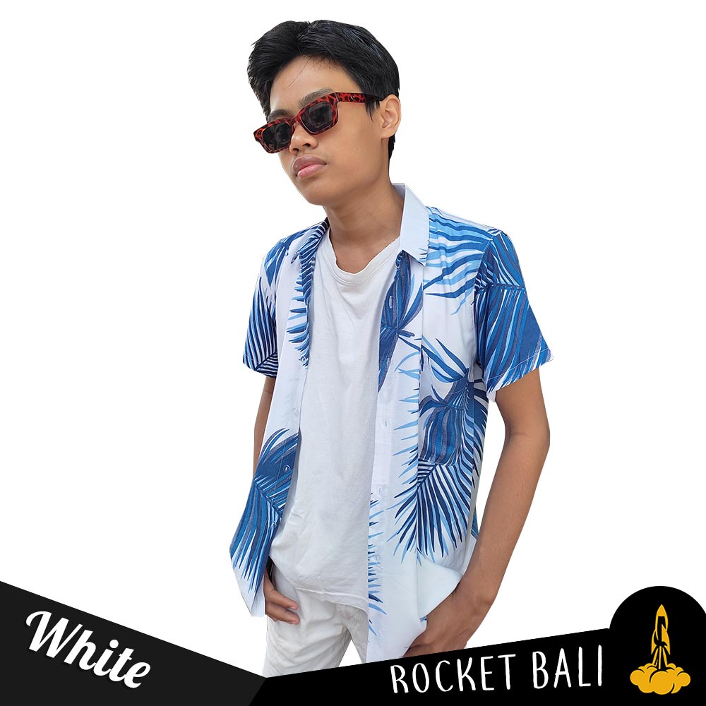Kemeja Hawaiian - Kemeja Pantai Pria Lengan Pendek Warna Putih - Baju Pantai Floral