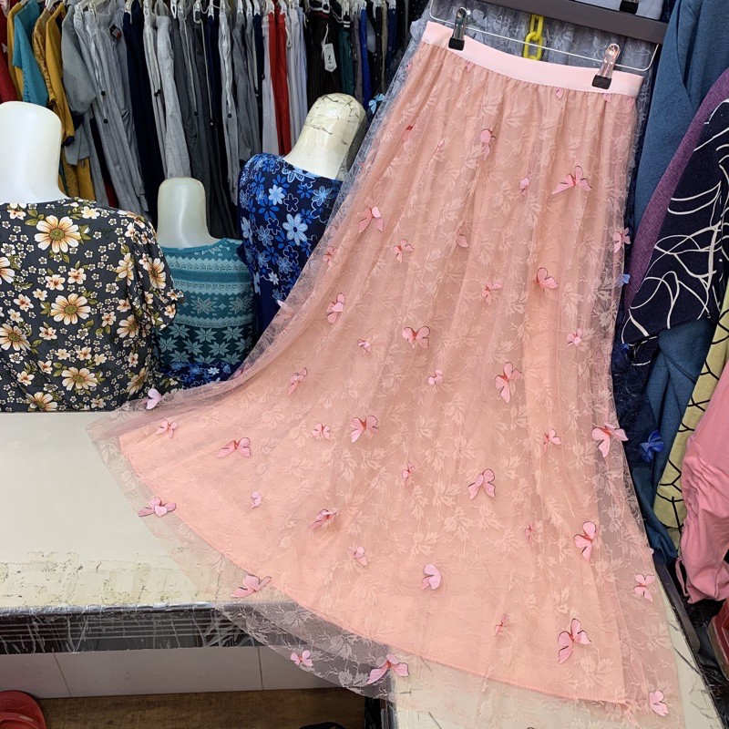 Rok Tutu Kupu Kupu 3D Timbul Panjang / Tutu Maxi Skirt Import ButterFly Embroidery - Katlyn Shop-Kupu Aplikasi-Peach