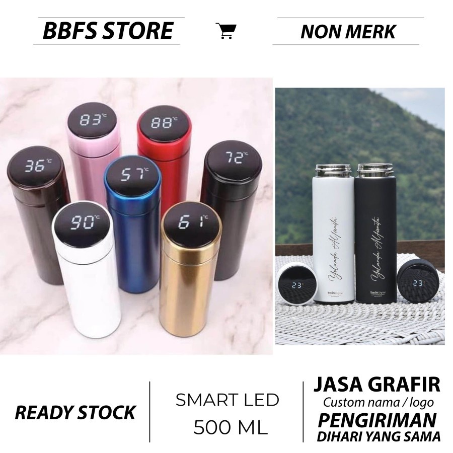 Custom Grafir Laser Botol Smart LED Tumbler 500ml Termos Panas dingin