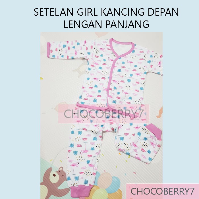 Setelan Baju Bayi Perempuan Anak Lengan Panjang Kancing Depan Pundak + Celana merk LittleQ Little Q