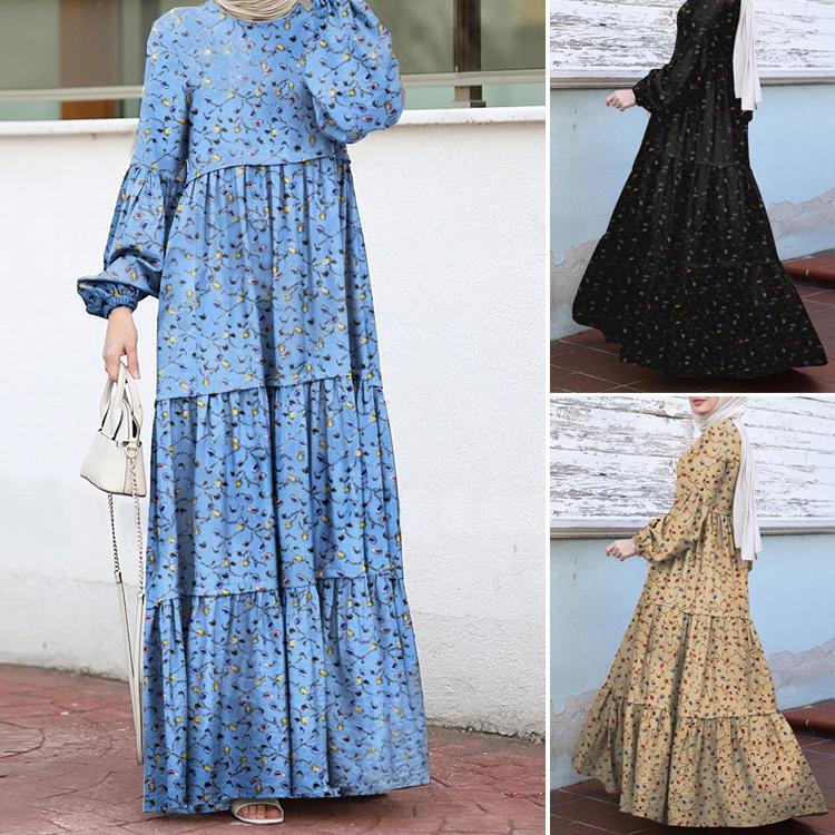 (tcpu -283) ZANZEA Women Long Sleeve Vintage Printed Tiered Long Muslim Dress [ui -478]