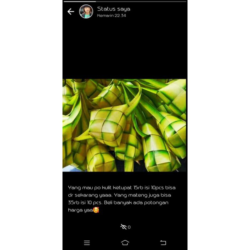 

kulit ketupat 15rb isi 10 dan ketupat matang 35rb isi 10