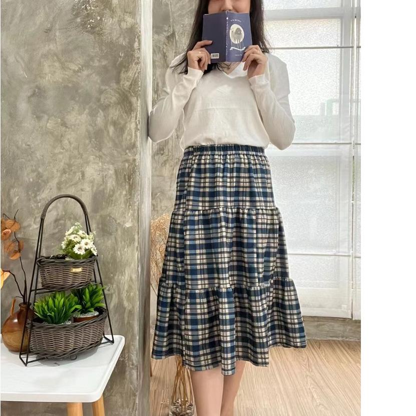 ☪ YIYI GIRL - Rok Panjang Kotak Kotak Highwaist Rok Plisket Rok Hitam Panjang ℮
