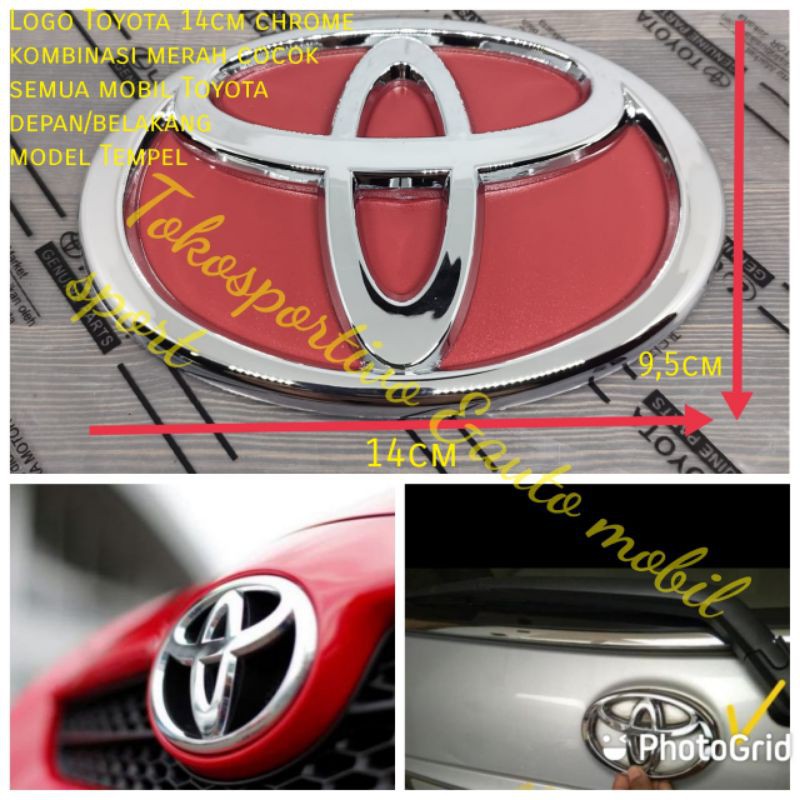 Logo Emblem Huruf Lambang Toyota 14cm chrome+merah model tempel cocok untuk semua mobil Toyota