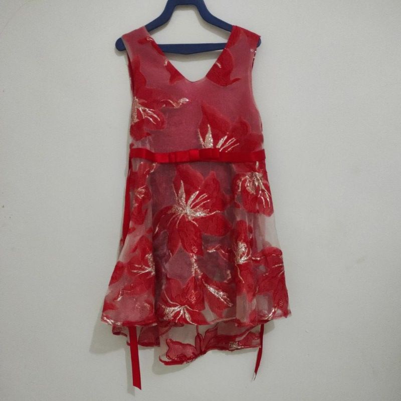 Dress Merah Gold Bunga Preloved