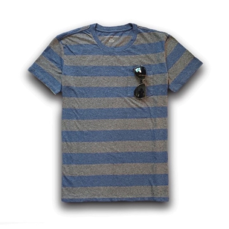 T-shirt American Eagle Blue Striped Grey (Kaos American Eagle Biru)