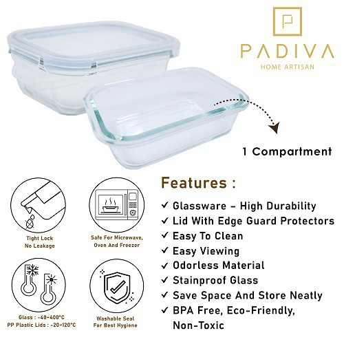 Padiva 370ml (2pcs) Glassbox,  1 compartment - GBP370S