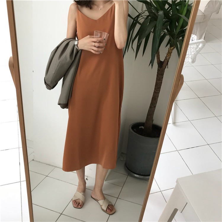 Long Dress V-Neck Model Longgar 2 Warna Gaya Korea