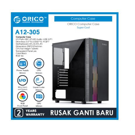 Casing Komputer gaming Orico Atx tempered glass Usb 3.0 2.0 audio mic light a12-305 - Pc case