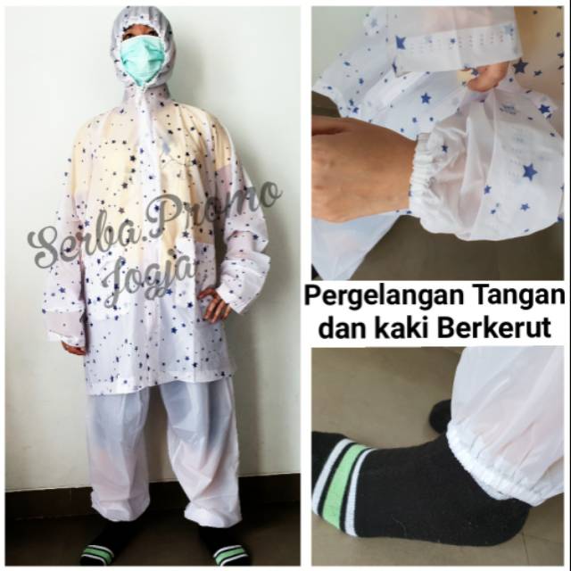 Setelan Jas Hujan Jaket Celana Star One-Jas Hujan Putih Transparan- APD Perlindungan Corona Covid 19