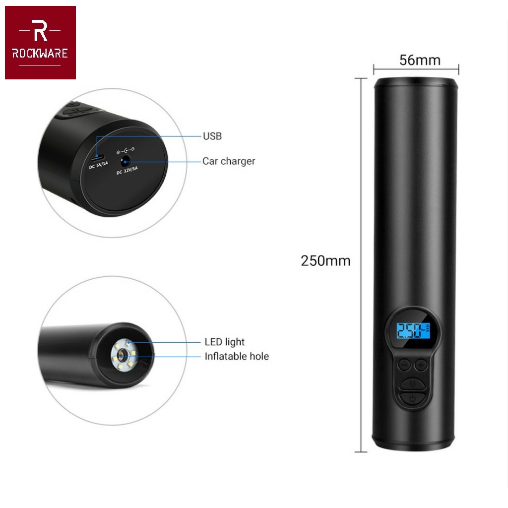 ROCKWARE RW-WIP01 - Pompa Angin Elektrik Portabel Ukuran Tangan 150PSI