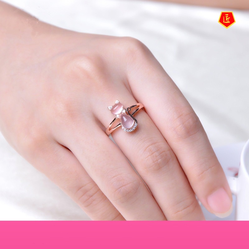 [Ready Stock]Rose Gold Pink Quartz Cat Ring Elegant and Sweet