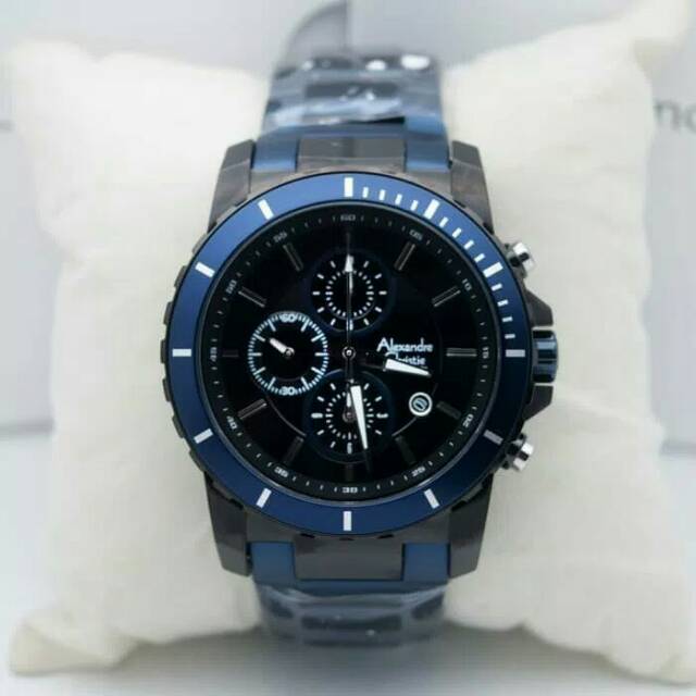 JAM TANGAN PRIA / COWOK ALEXANDRE CHRISTIE BLUE BLACK TALI RANTAI ORIGINAL - HITAM BIRU AC 6141 LAKI