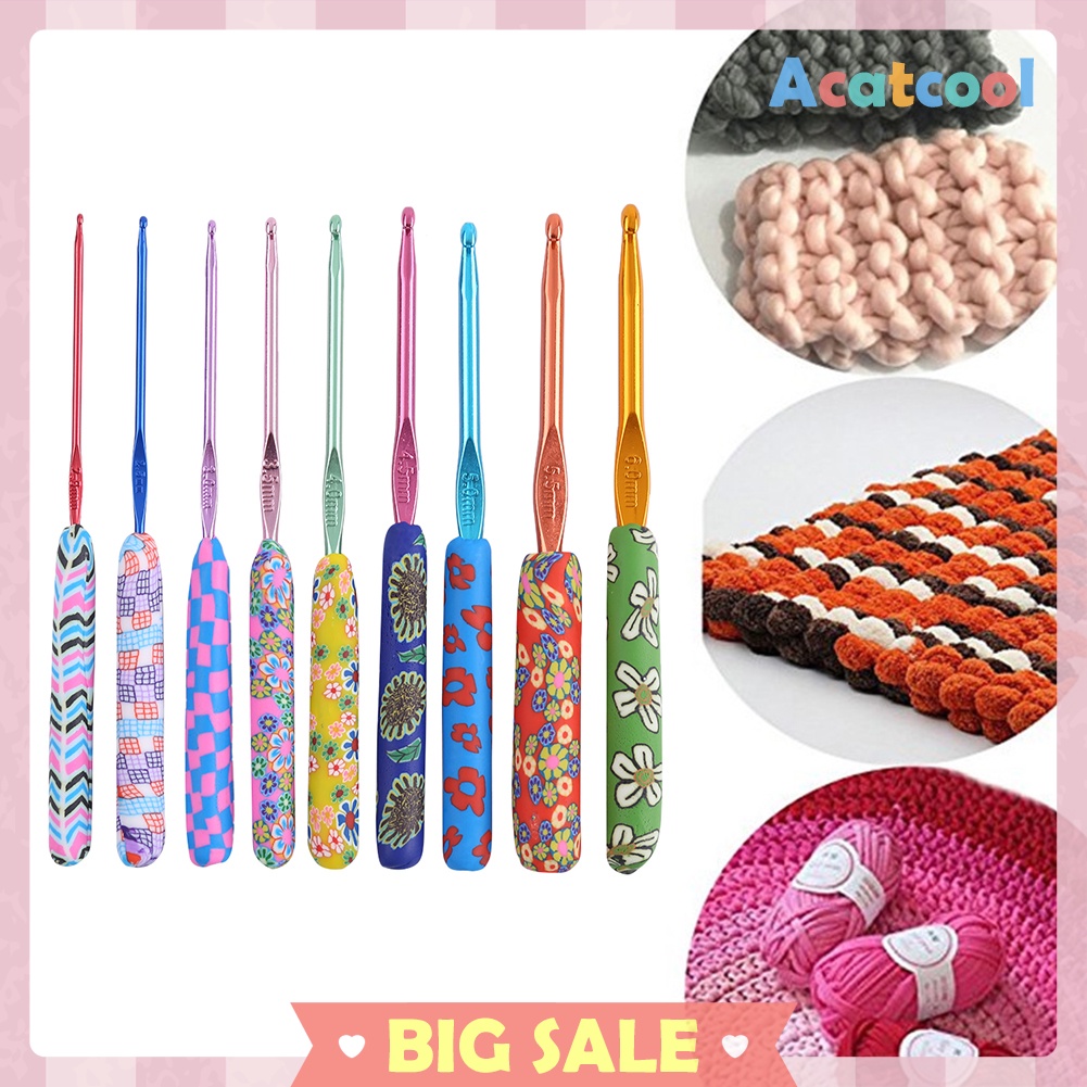 9pcs Ceramic Handle Knitting Needles Aluminum Crochet Hooks Tool Set 2-6mm