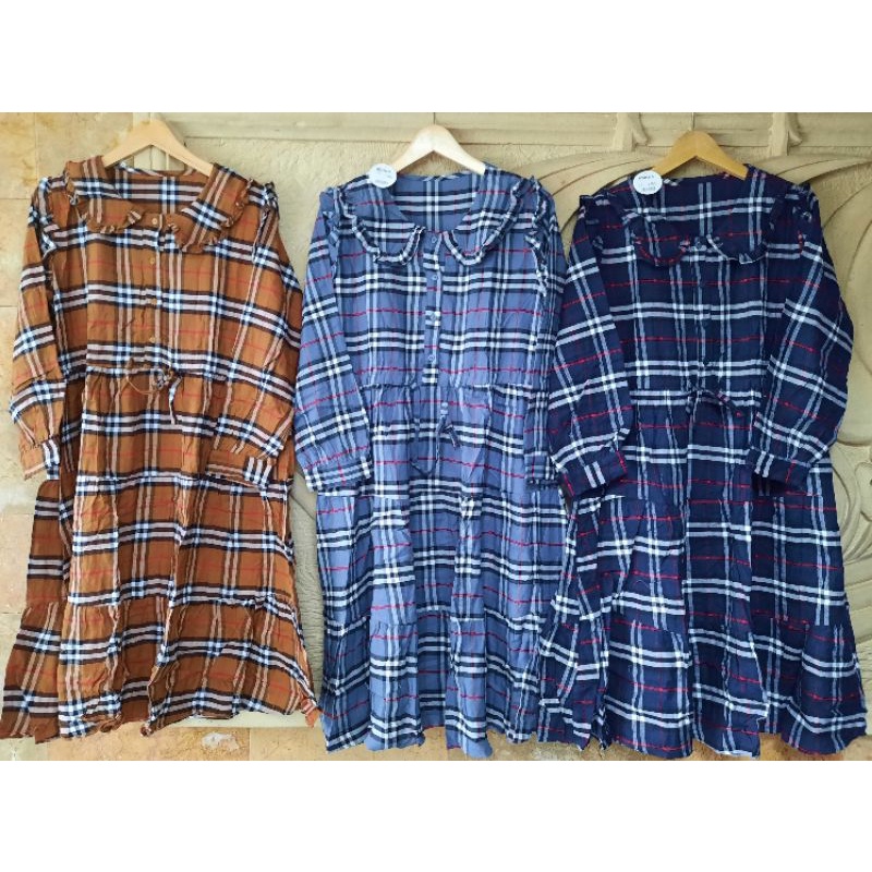 ATASAN TUNIK MIDI GAMIS HOMEDRESS MOTIF KOTAK FLANEL CRINKLE RAYON