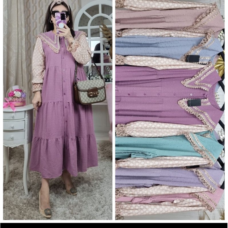 Gamis Rubi crinkle kerah V tangan brukat original by meijiwang