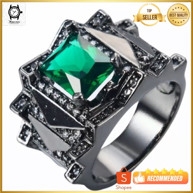 Cincin Pria Gothic Hip Hop Black Platted Green Emerald Zamrud Hijau