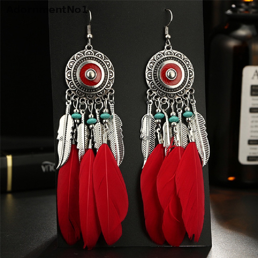 (AdornmentNo1) Anting Gantung Panjang Kait Gaya Bohemia Motif Bulu + Rumbai Untuk Perhiasan Wanita