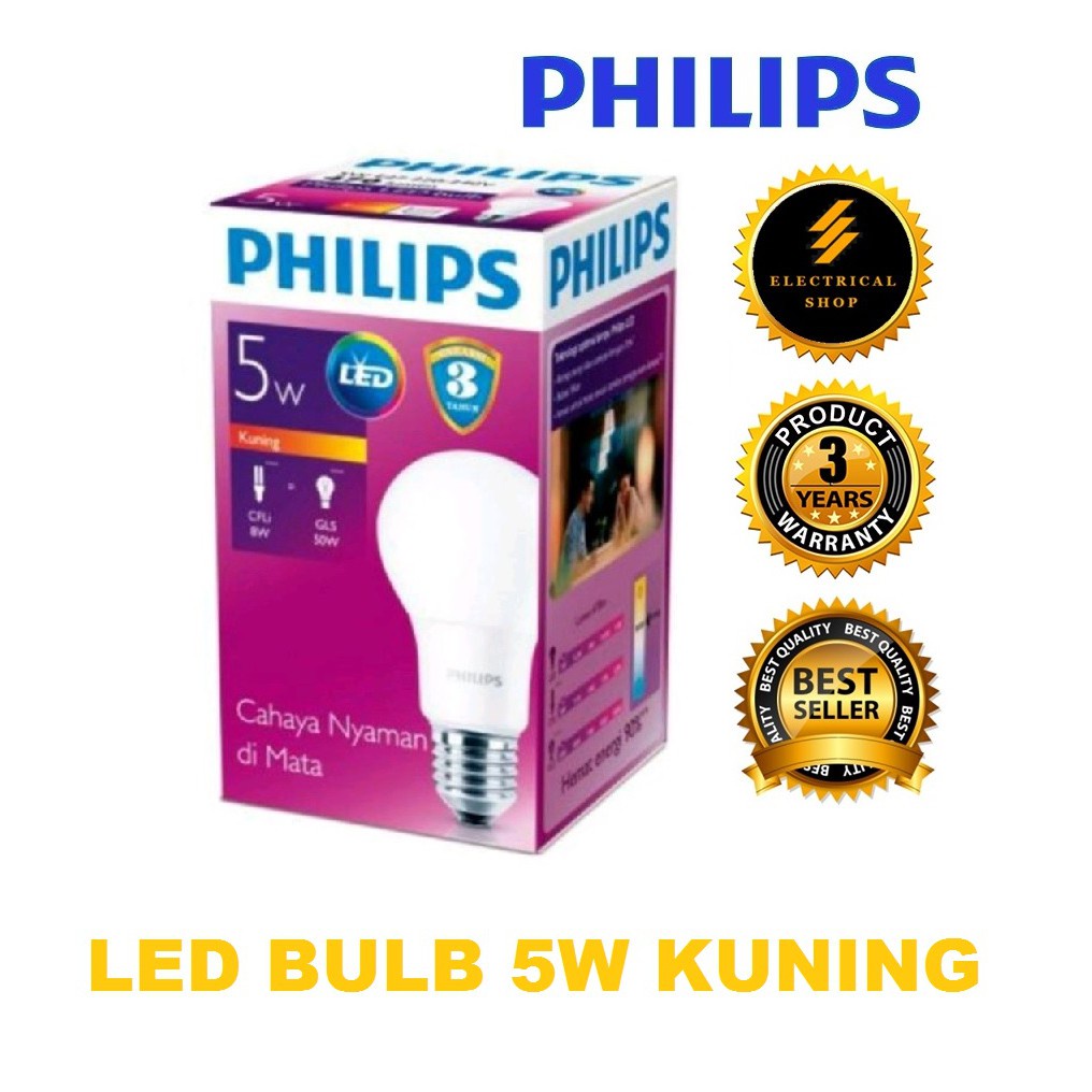 Lampu Bohlam LED Philips 5 Watt Kuning / Warm White