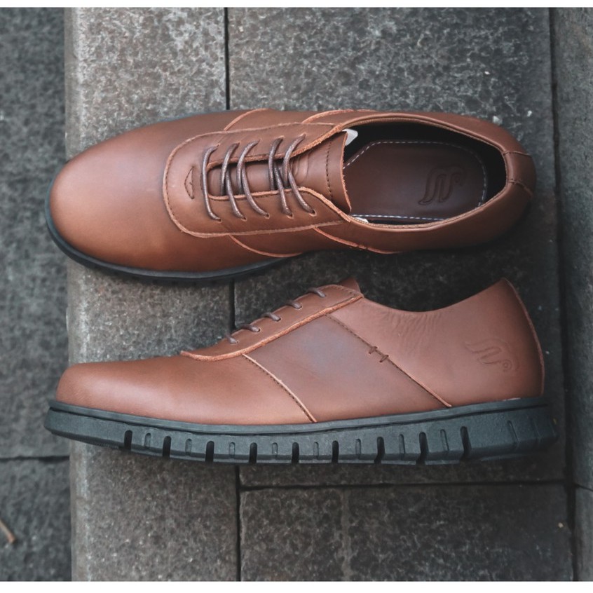 Low Nathan Brown | Sepatu Kulit Asli Formal Klasik Sport Simple Pria Cowok Derby | FORIND x Barnum