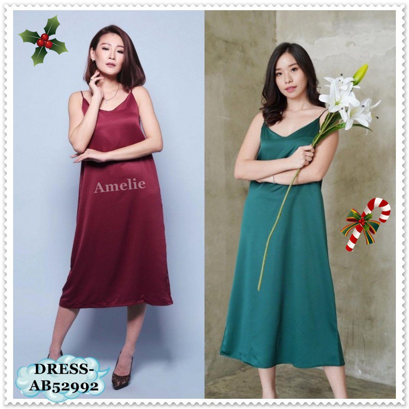 [baju wanita korea]  Long Dress Midi Pesta Natal Wanita Korea Import Merah Hijau Red Green