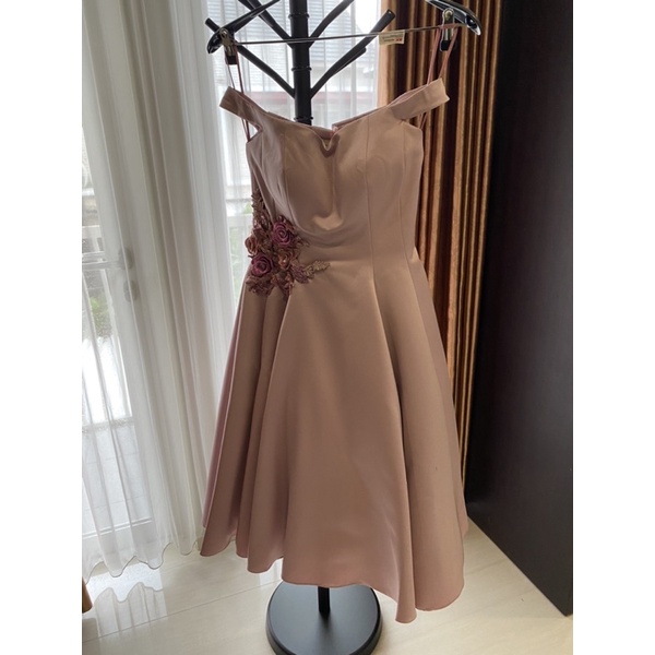 baju pesta midi premium duchess dusty pink bunga 3D