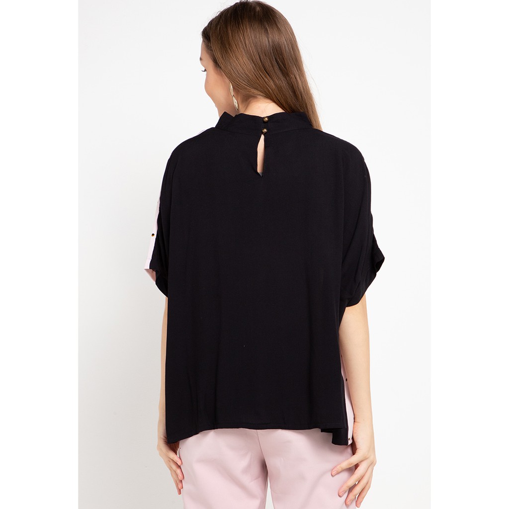 PHOTOGRAPH - Dusty Blouse S/s Mandarin Collar Dusty Pink Dot combo Black